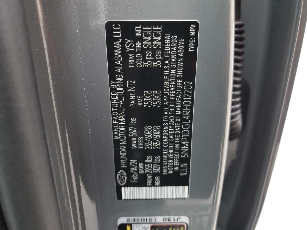 2024 HYUNDAI SANTA FE SE VIN:5NMP1DGL4RH012202