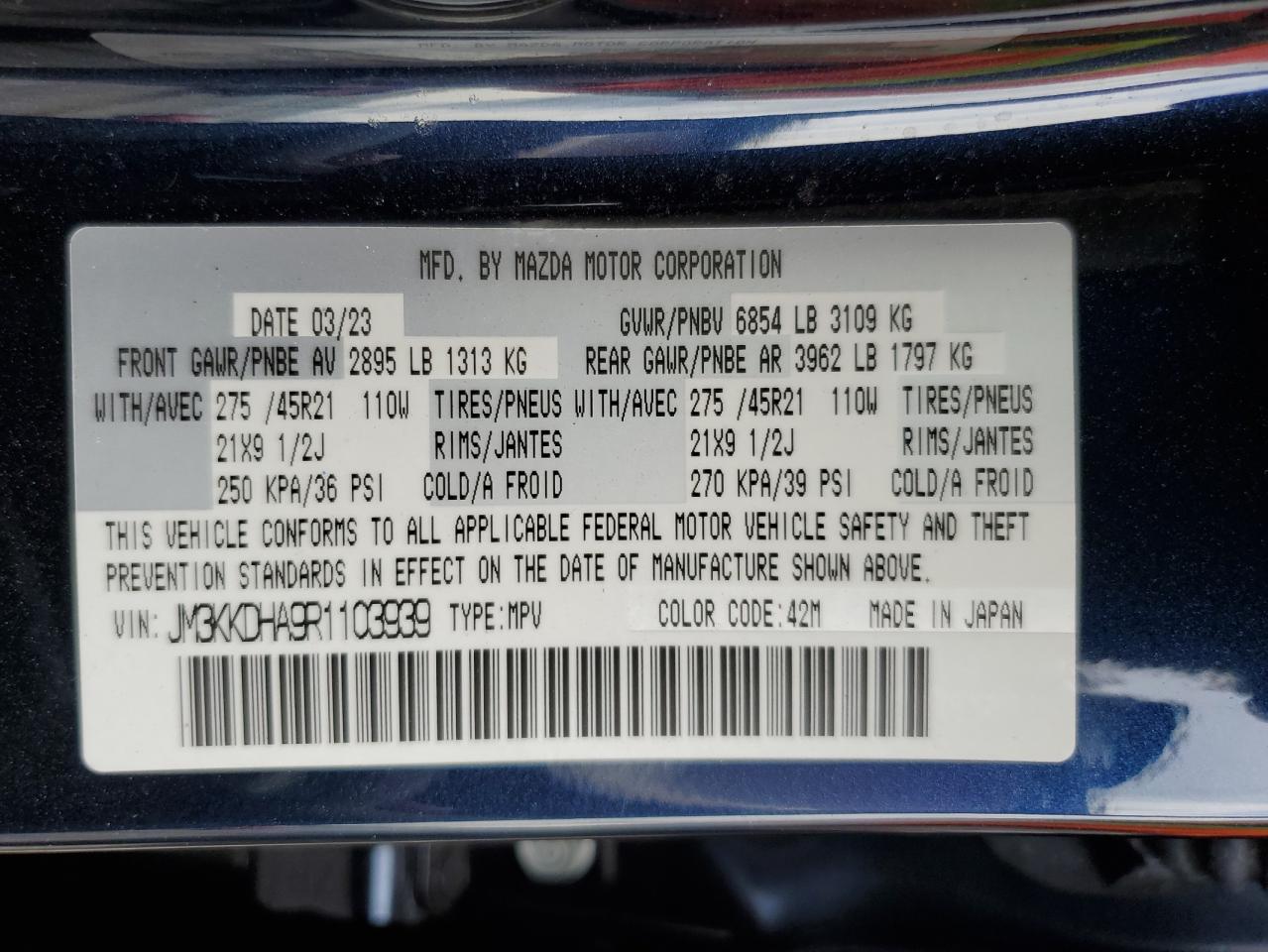 2024 MAZDA CX-90 PREMIUM VIN:JM3KKDHA9R1103939