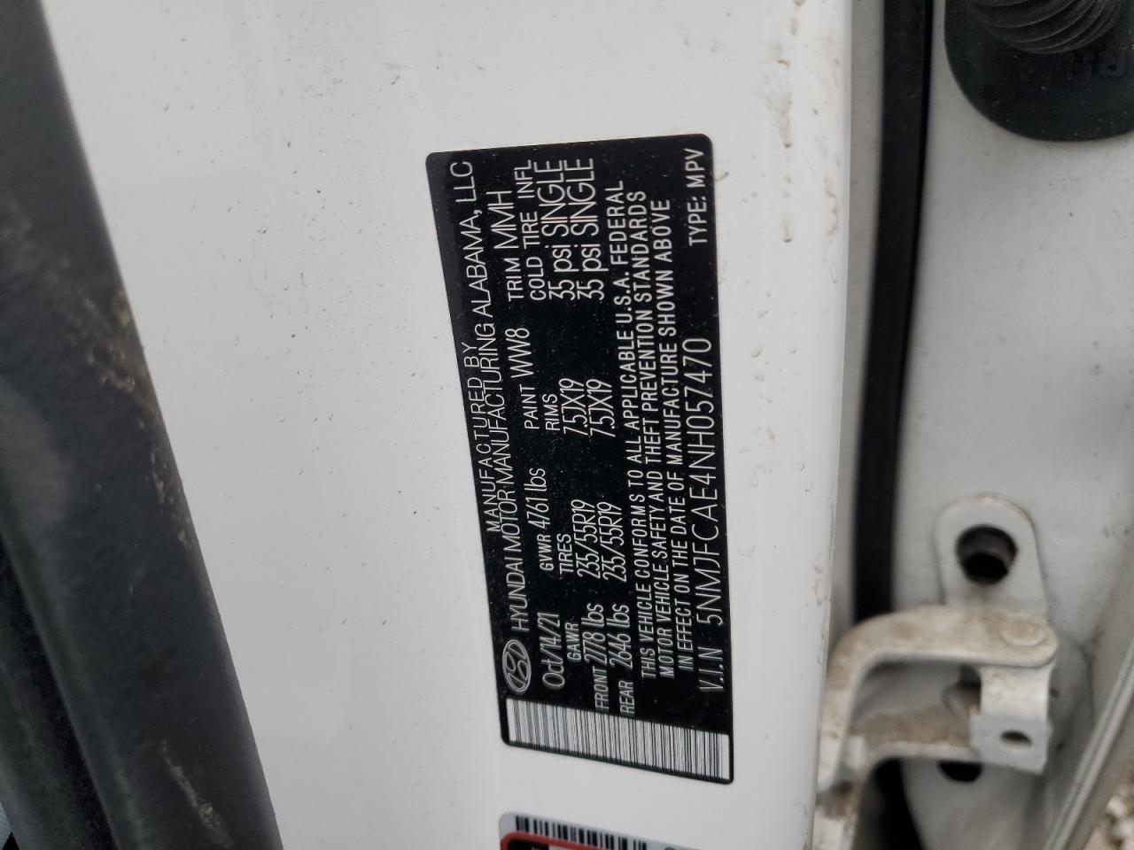 2022 HYUNDAI TUCSON SEL VIN:5NMJFCAE4NH057470