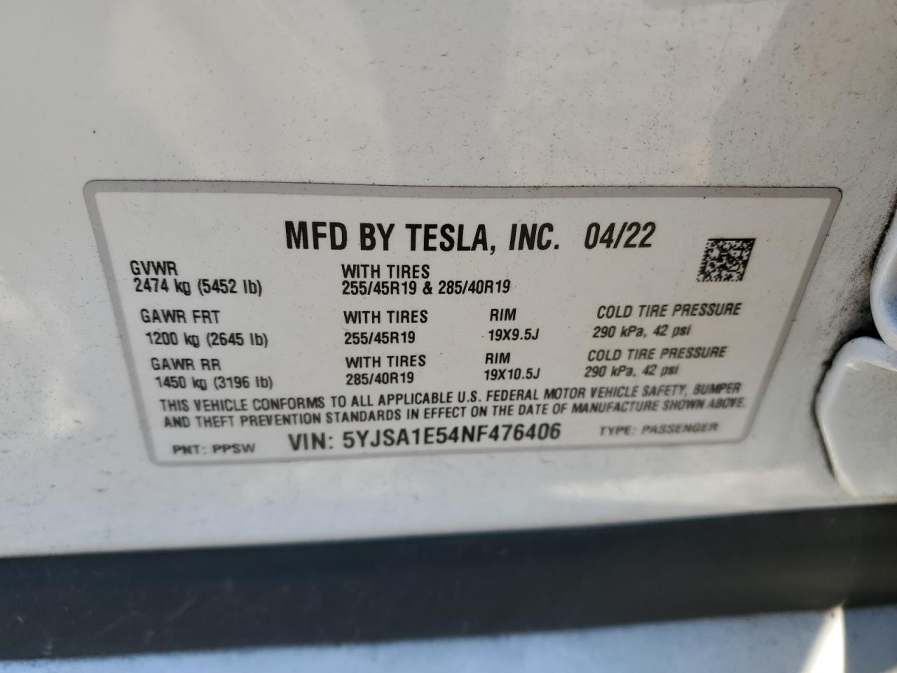2022 TESLA MODEL S VIN:5YJSA1E54NF476406