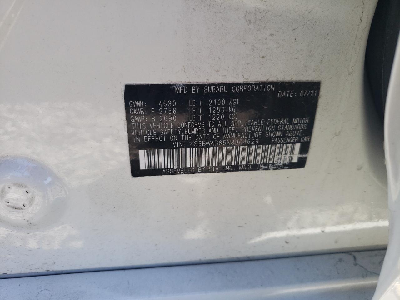 2022 SUBARU LEGACY VIN:4S3BWAB65N3004629