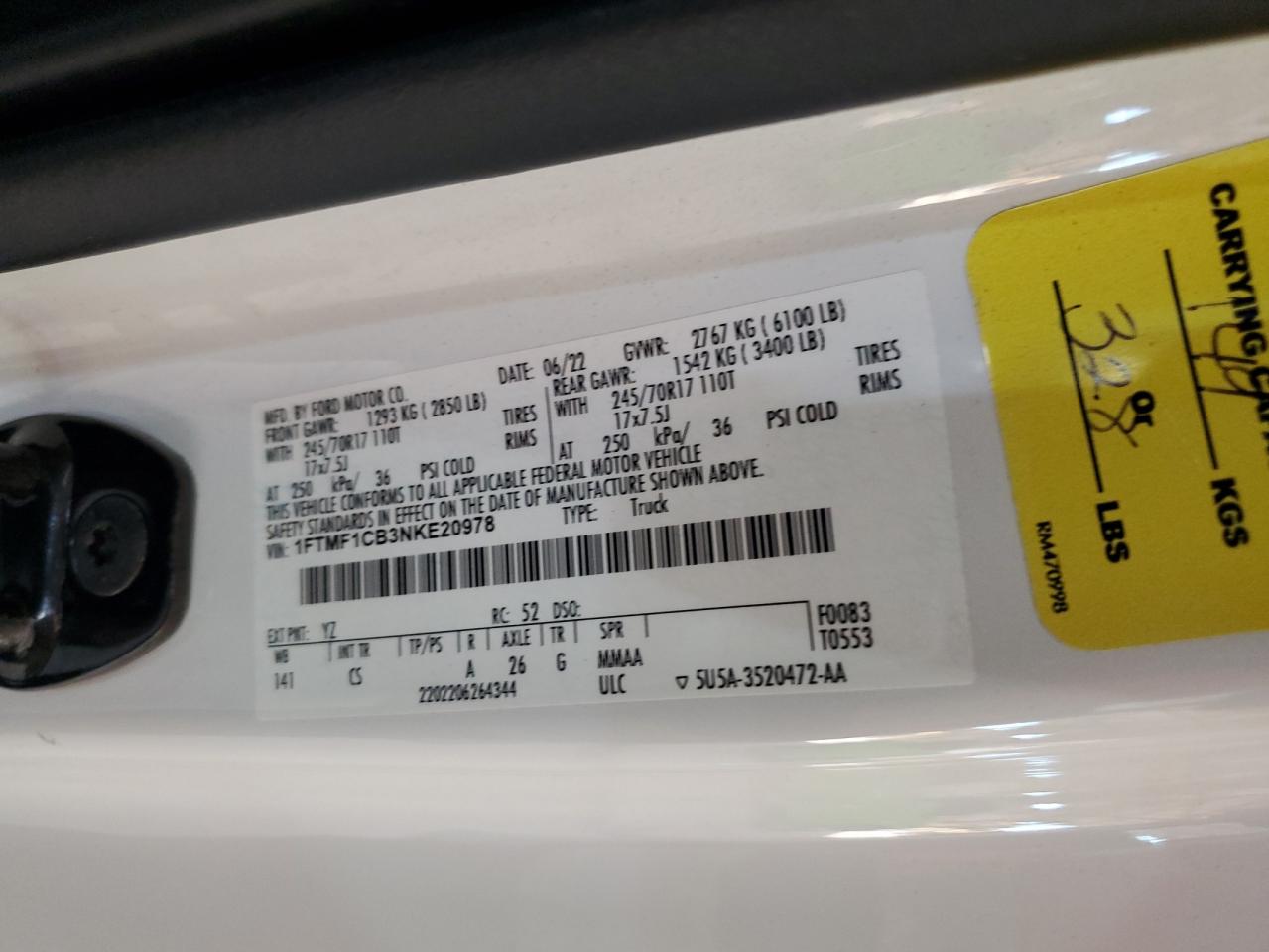 2022 FORD F150 VIN:1FTMF1CB3NKE20978