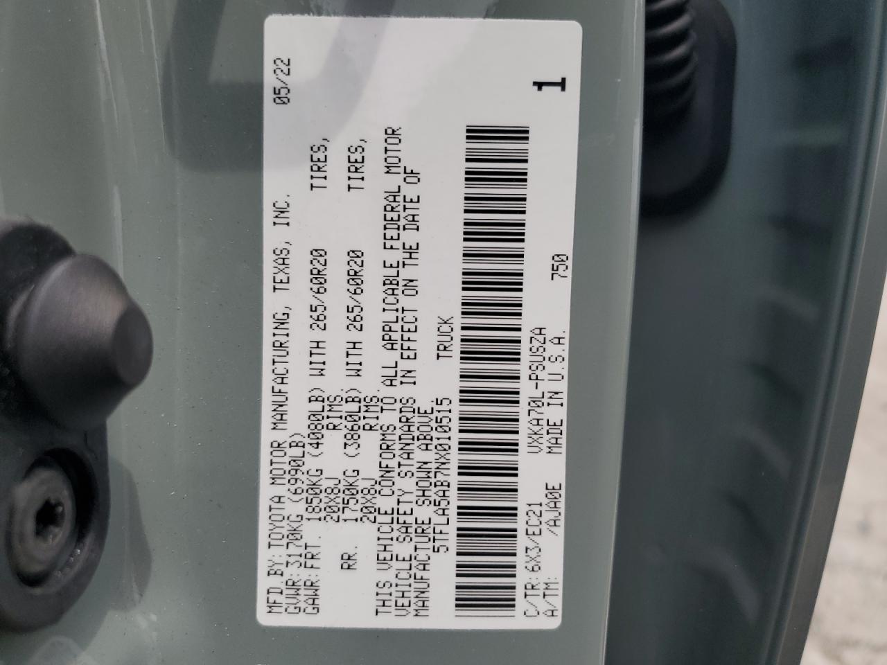 2022 TOYOTA TUNDRA CREWMAX SR VIN:5TFLA5AB7NX010515