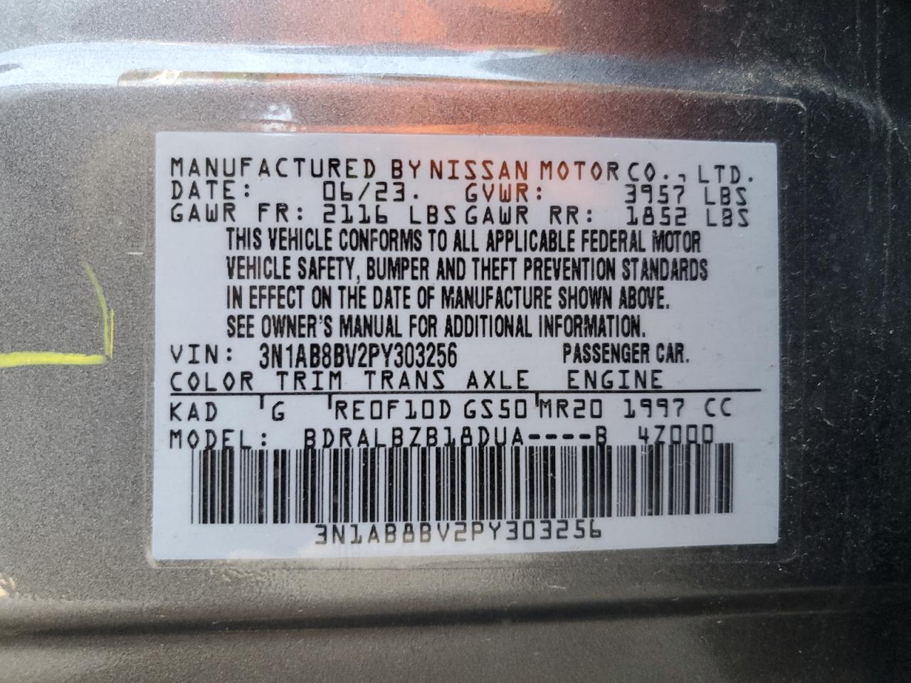 2023 NISSAN SENTRA S VIN:3N1AB8BV2PY303256