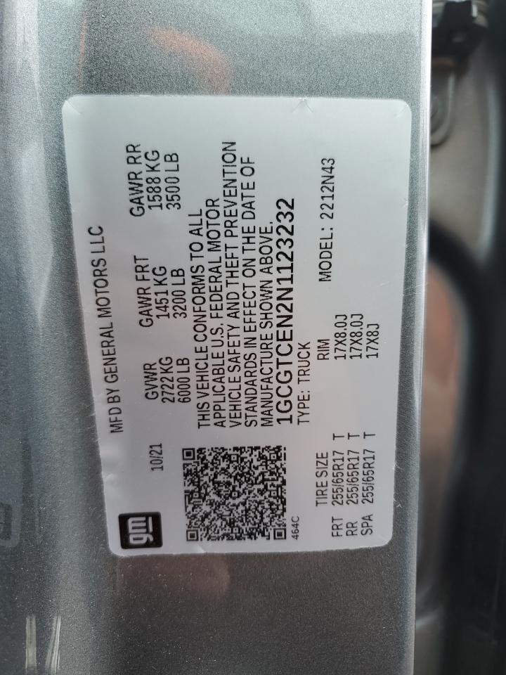 2022 CHEVROLET COLORADO LT VIN:1GCGTCEN2N1123232