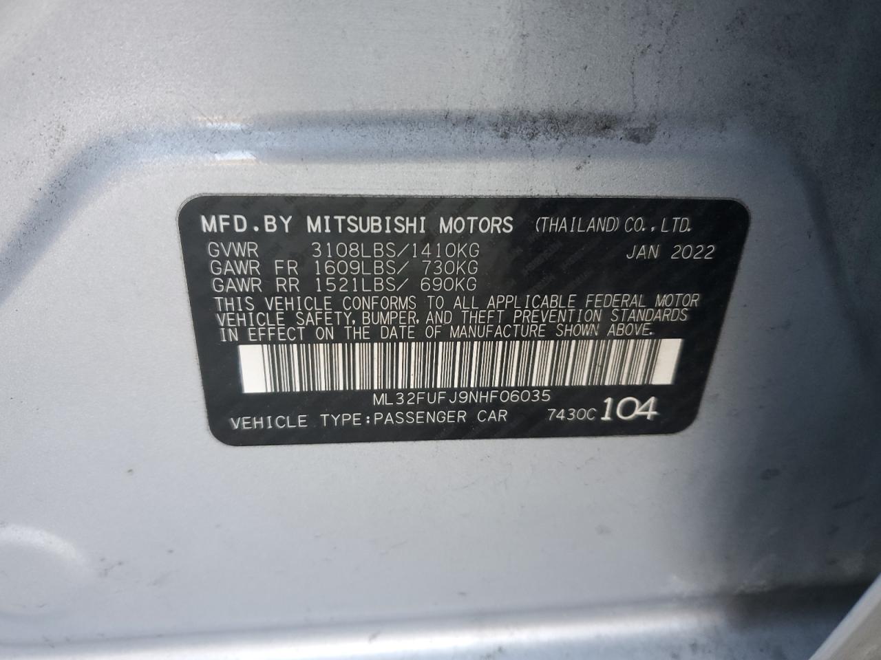 2022 MITSUBISHI MIRAGE G4 ES VIN:ML32FUFJ9NHF06035