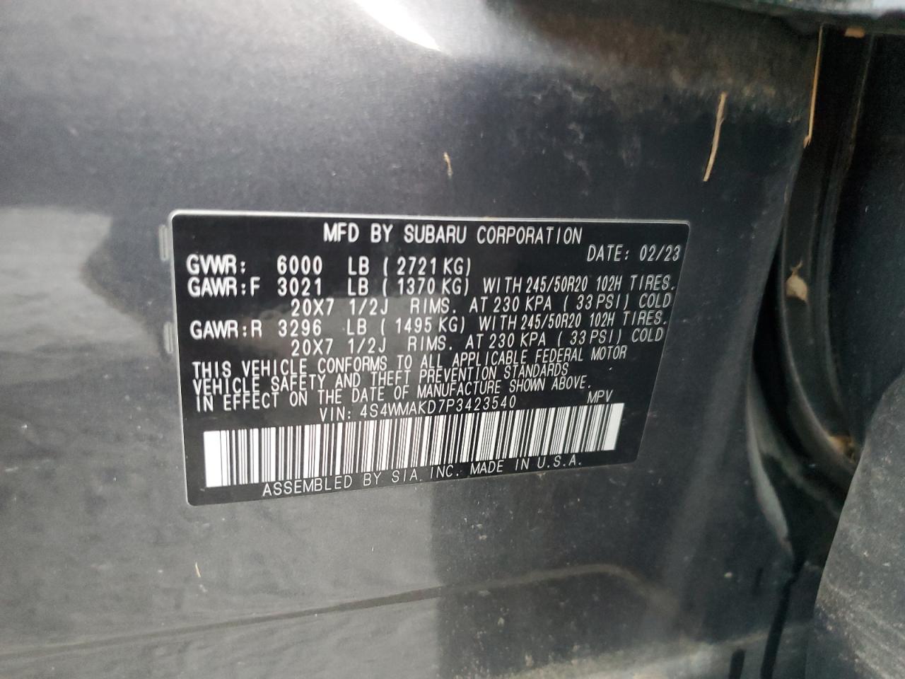 2023 SUBARU ASCENT LIMITED VIN:4S4WMAKD7P3423540