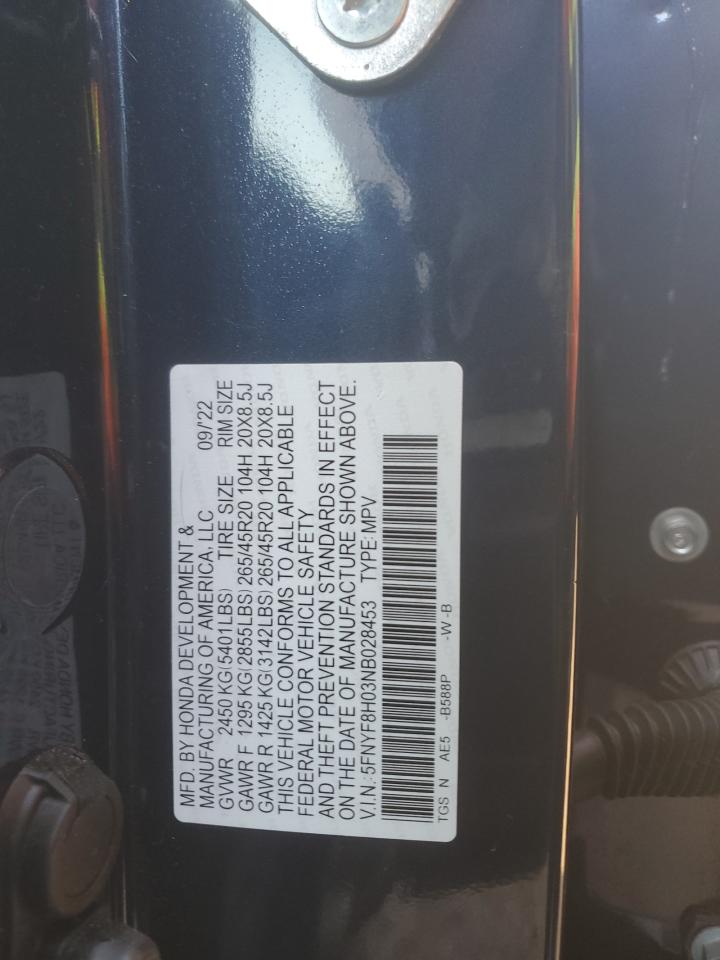 2022 HONDA PASSPORT ELITE VIN:5FNYF8H03NB028453
