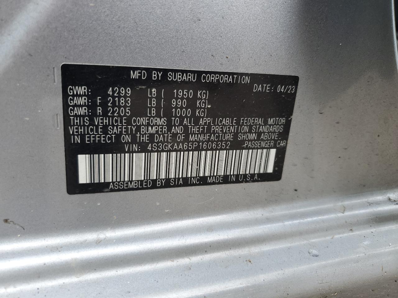2023 SUBARU IMPREZA VIN:4S3GKAA65P1606352