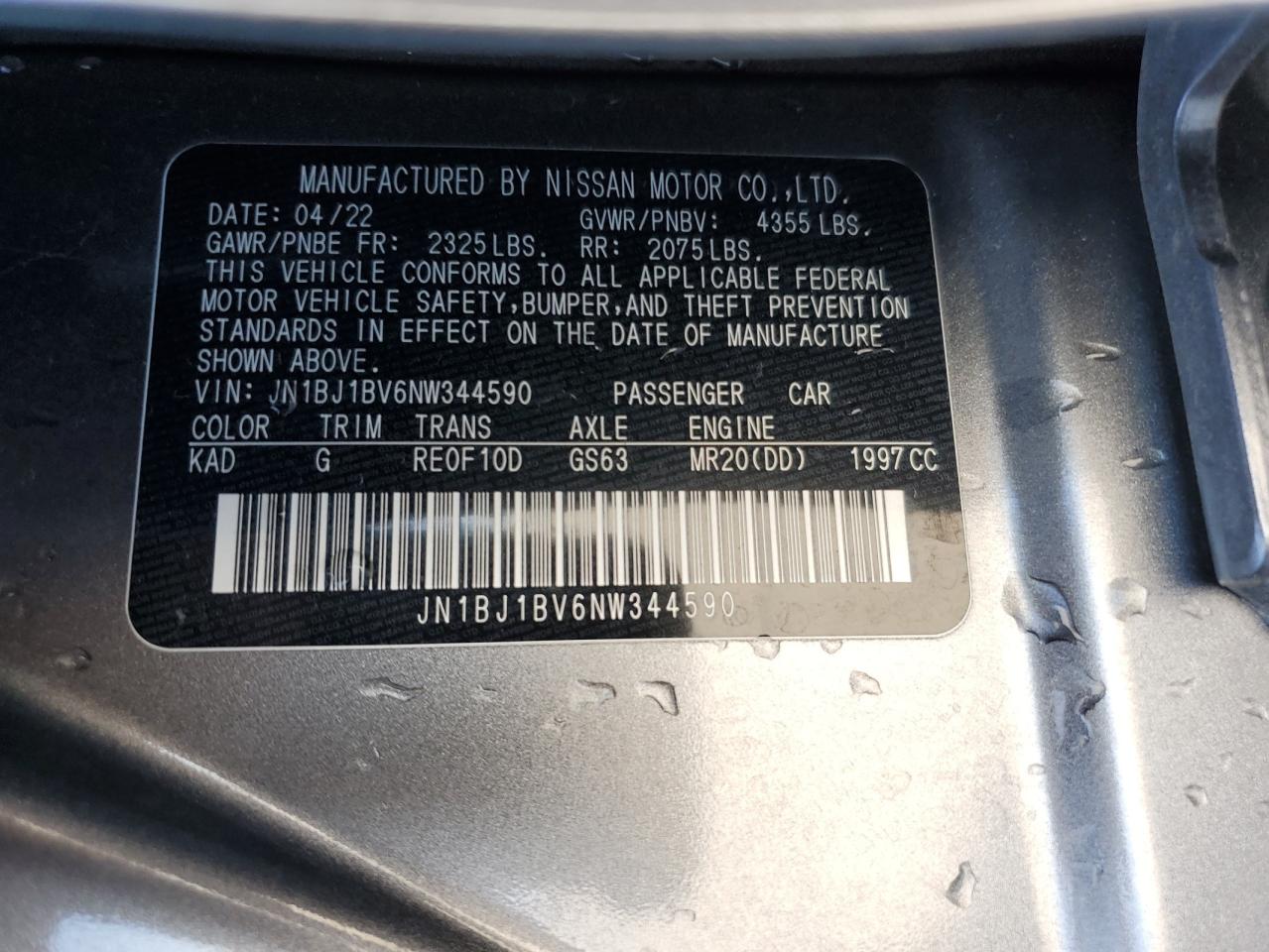 2022 NISSAN ROGUE SPORT SV VIN:JN1BJ1BV6NW344590