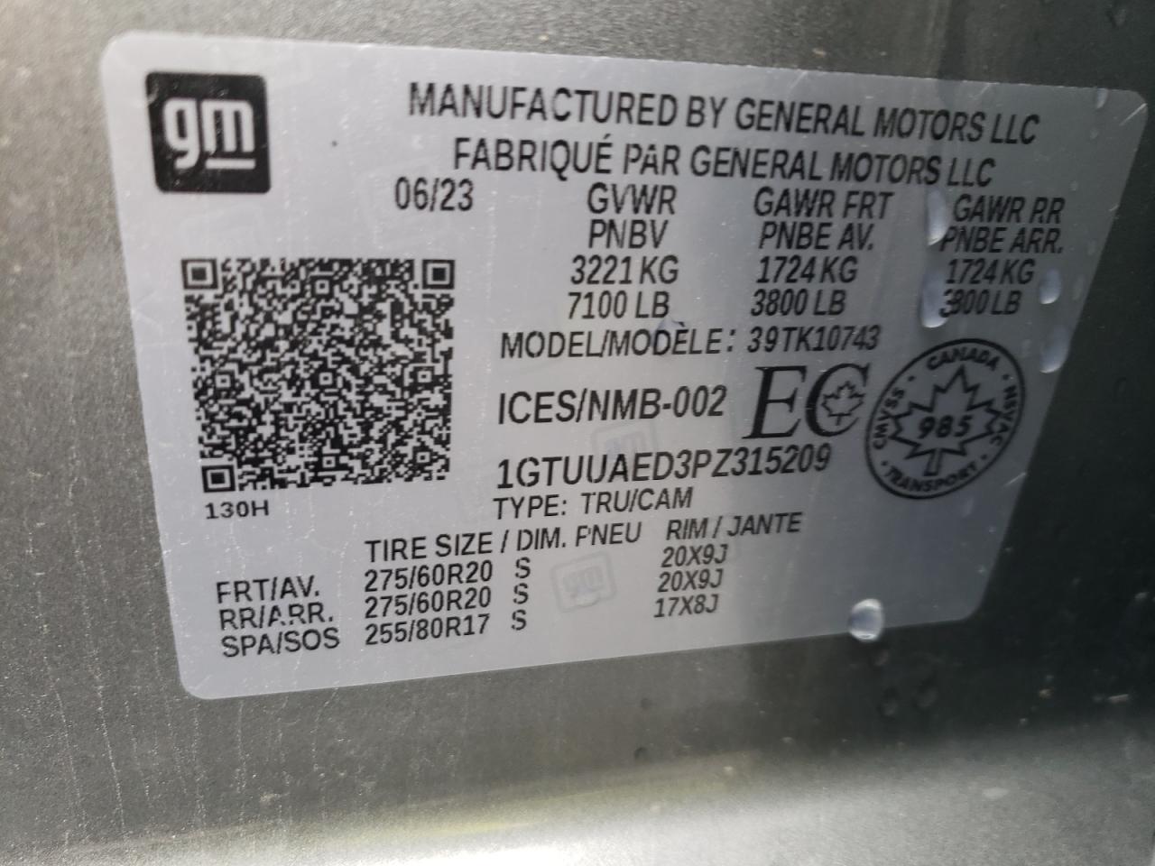 2023 GMC SIERRA K1500 VIN:1GTUUAED3PZ315209