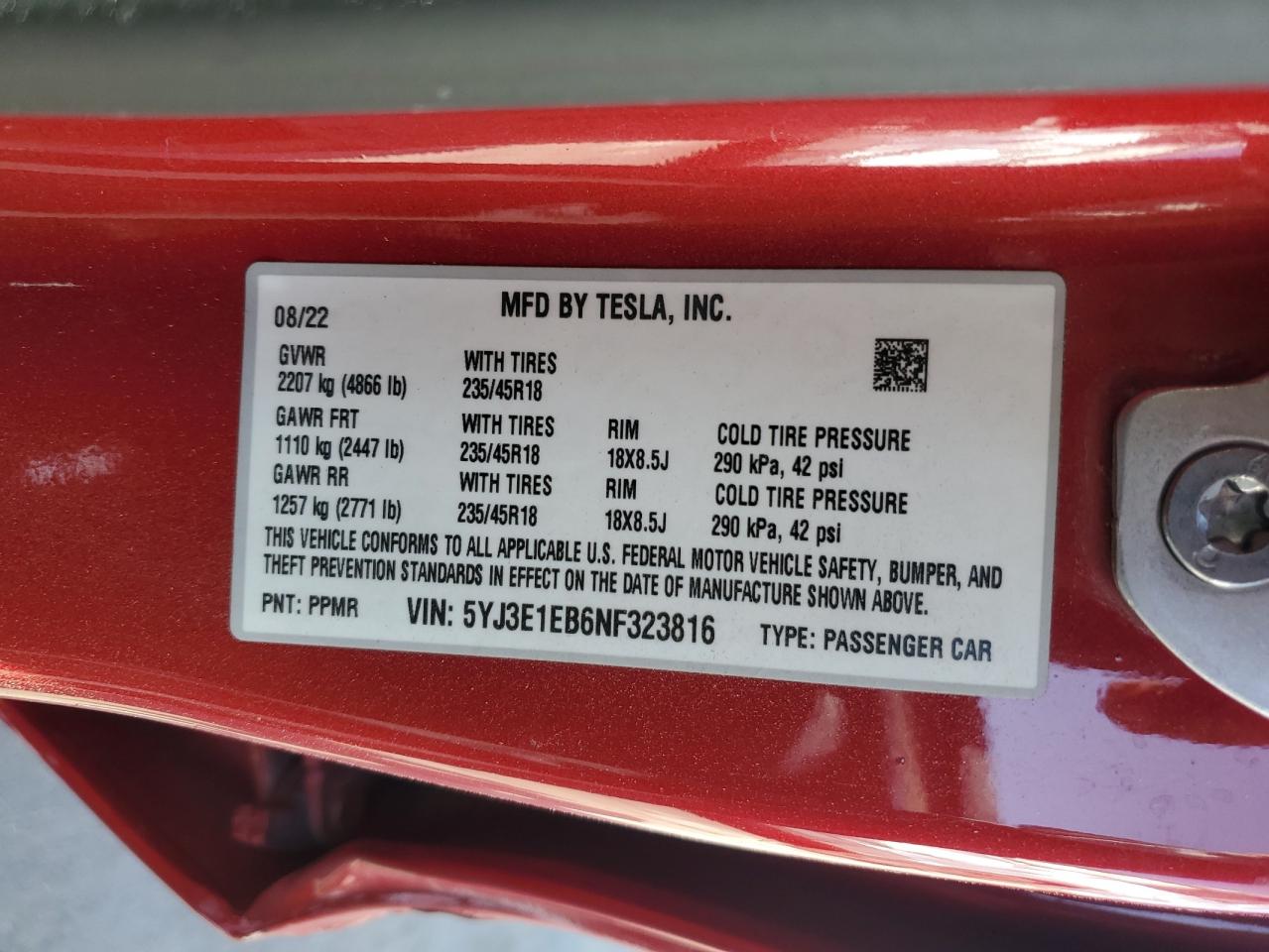 2022 TESLA MODEL 3 VIN:5YJ3E1EB6NF323816