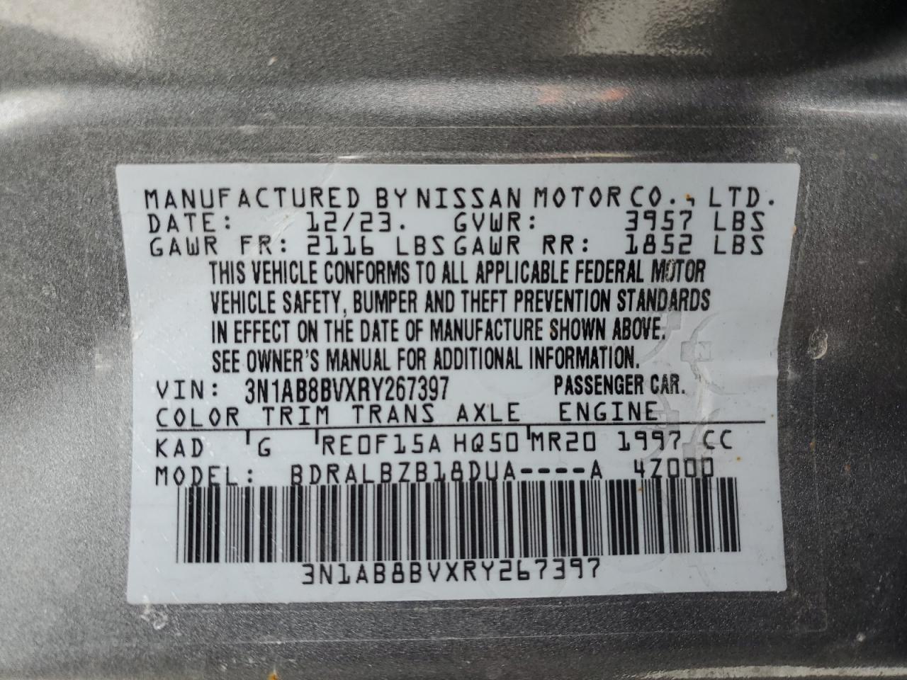 2024 NISSAN SENTRA S VIN:3N1AB8BVXRY267397