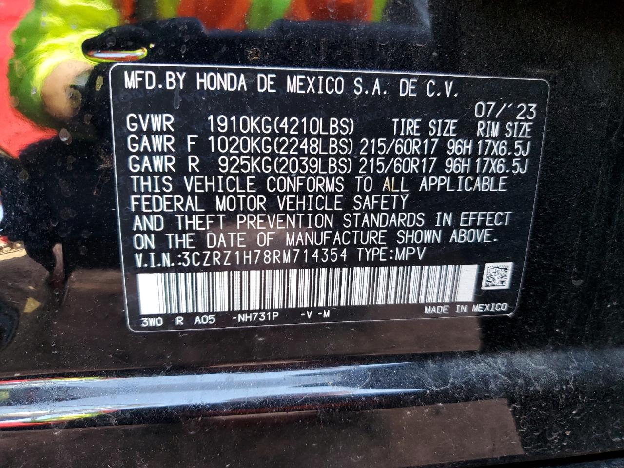 2024 HONDA HR-V EXL VIN:3CZRZ1H78RM714354