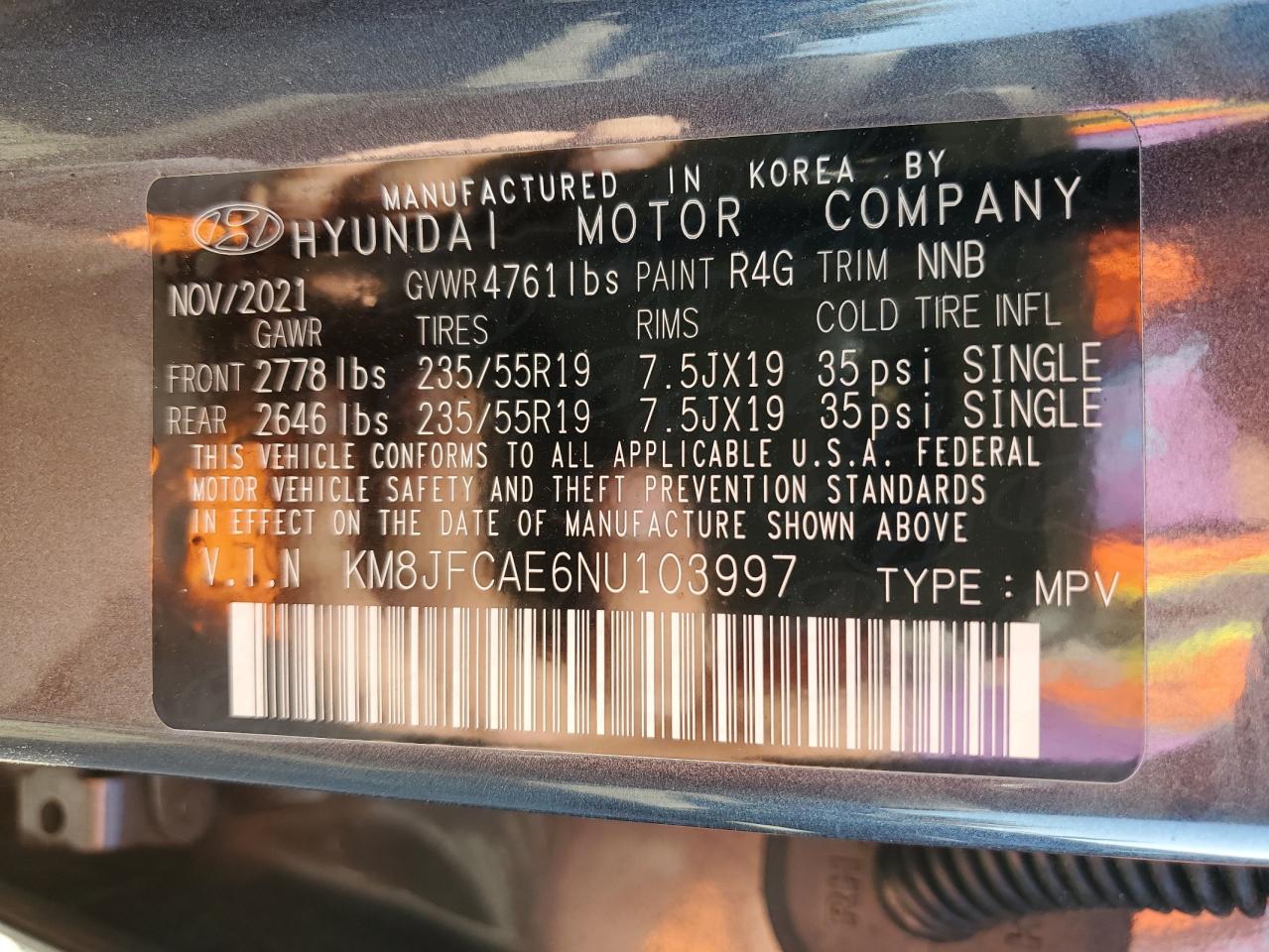 2022 HYUNDAI TUCSON N LINE VIN:KM8JFCAE6NU103997