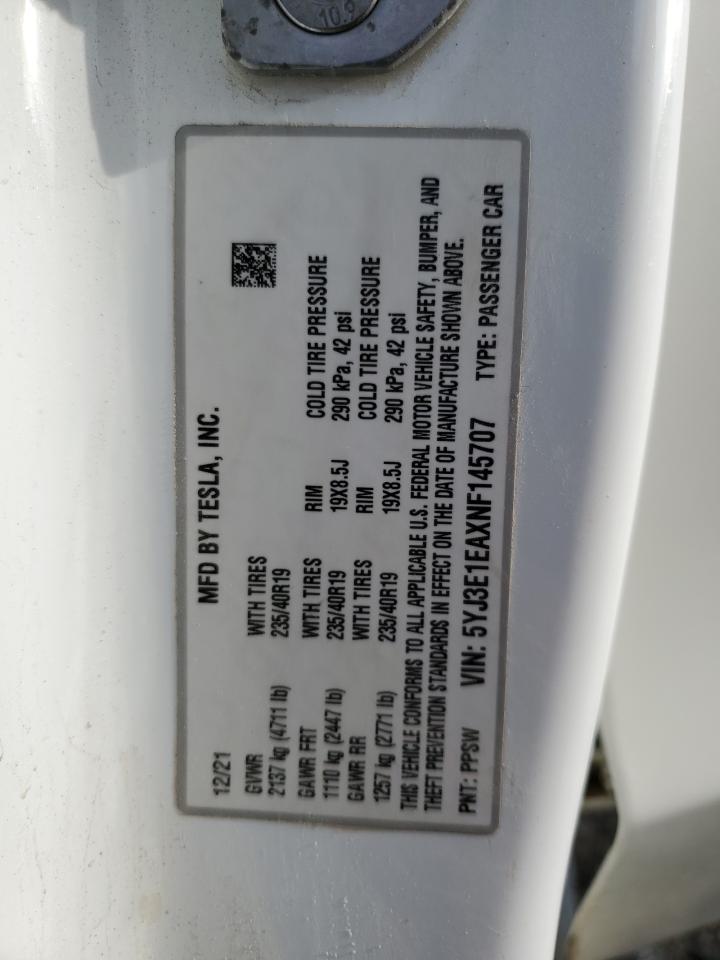 2022 TESLA MODEL 3 VIN:5YJ3E1EAXNF145707