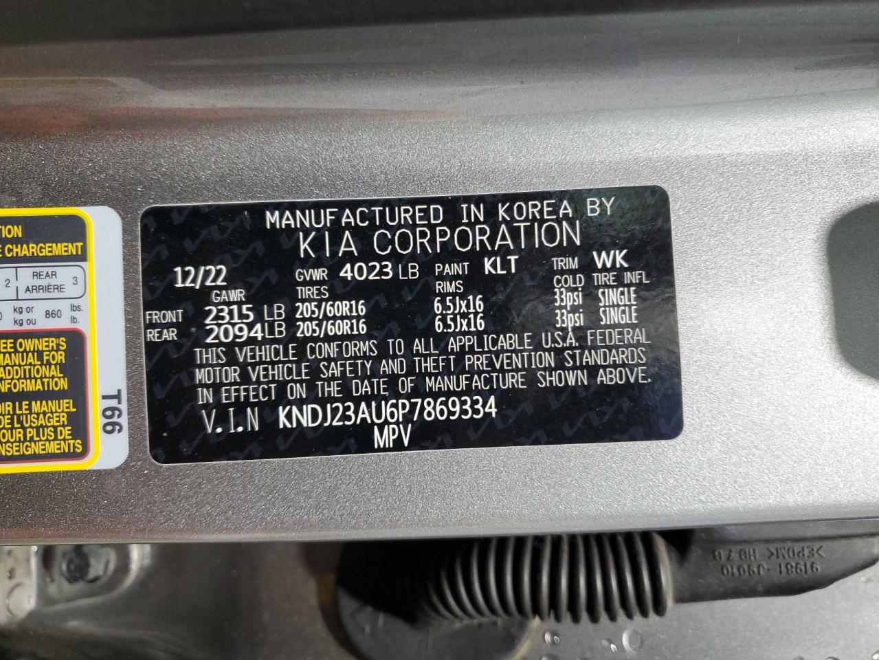 2023 KIA SOUL LX VIN:KNDJ23AU6P7869334