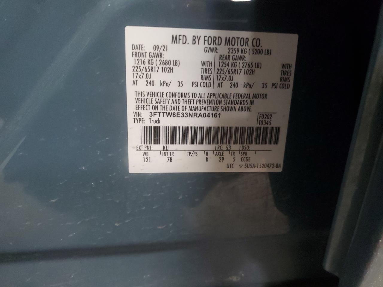2022 FORD MAVERICK XL VIN:3FTTW8E33NRA04161