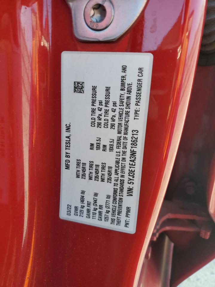 2022 TESLA MODEL 3 VIN:5YJ3E1EA3NF186213