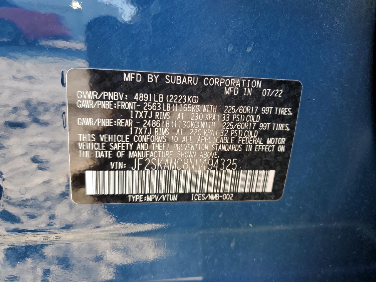 2022 SUBARU FORESTER WILDERNESS VIN:JF2SKAMC8NH494325