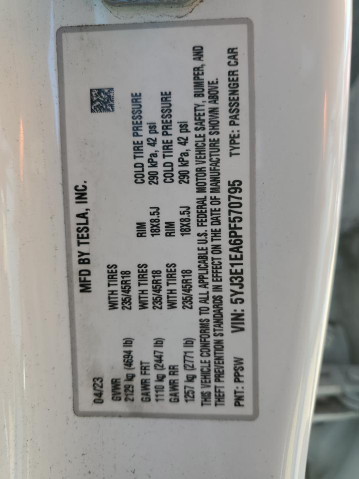 2023 TESLA MODEL 3 VIN:5YJ3E1EA6PF570795