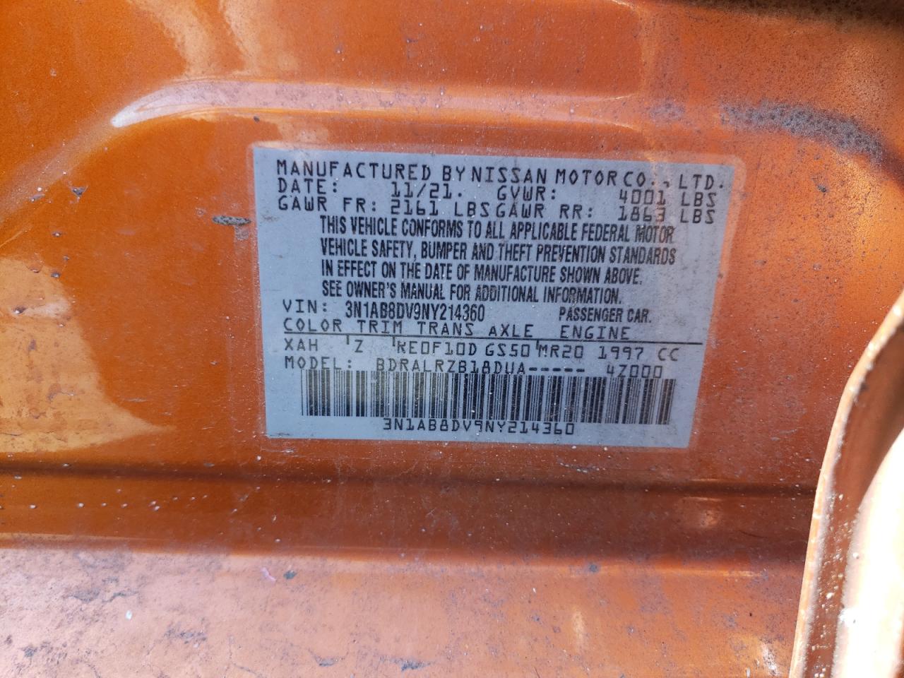 2022 NISSAN SENTRA SR VIN:3N1AB8DV9NY214360