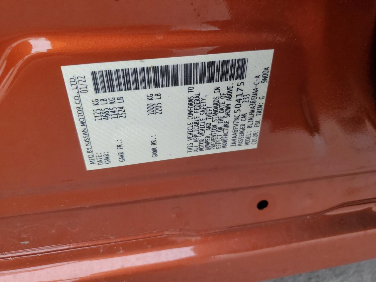 2022 NISSAN MAXIMA PLATINUM VIN:1N4AA6FV7NC504175