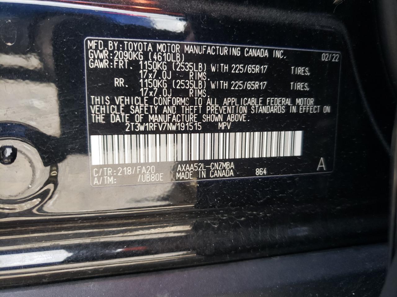 2022 TOYOTA RAV4 XLE VIN:2T3W1RFV7NW191515