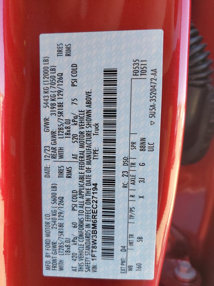 2024 FORD F350 SUPER DUTY VIN:1FT8W3BM6REC27194