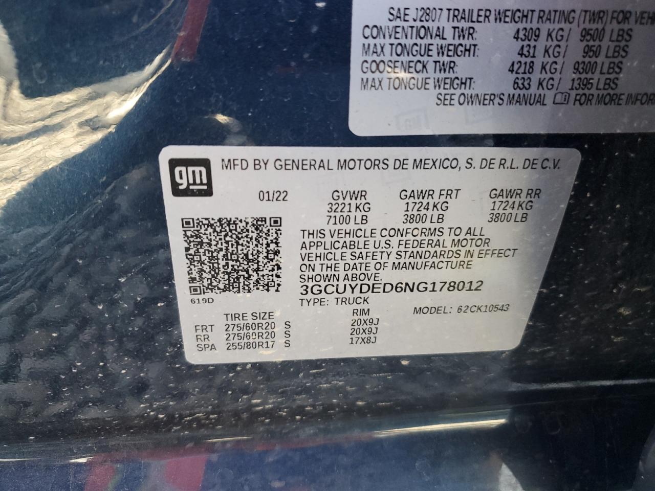 2022 CHEVROLET SILVERADO LTD K1500 LT VIN:3GCUYDED6NG178012