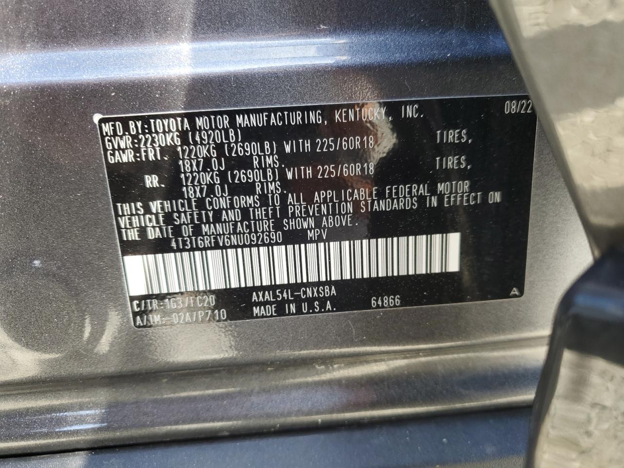 2022 TOYOTA RAV4 SE VIN:4T3T6RFV6NU092690