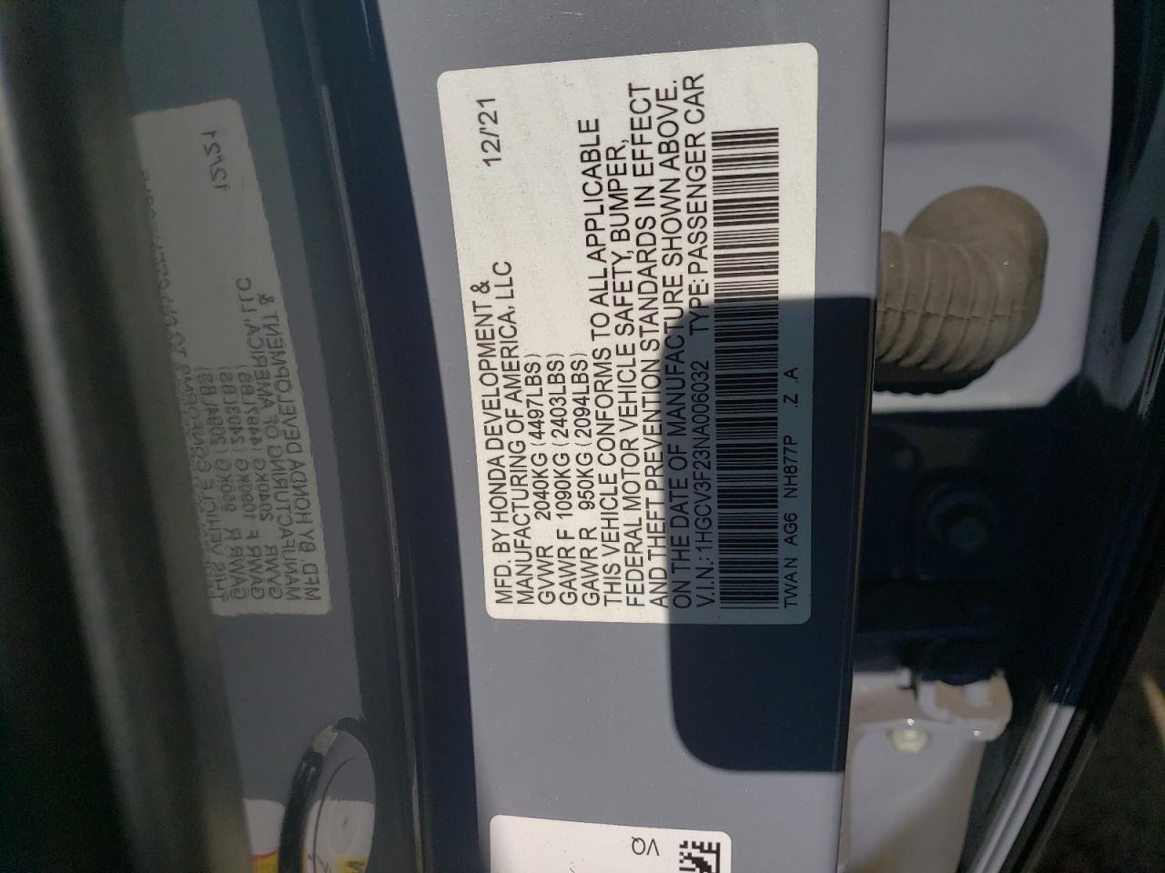 2022 HONDA ACCORD HYBRID SPORT VIN:1HGCV3F23NA006032