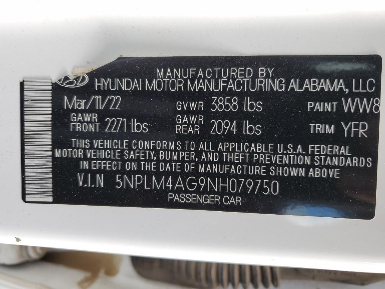 2022 HYUNDAI ELANTRA SEL VIN:5NPLM4AG9NH079750