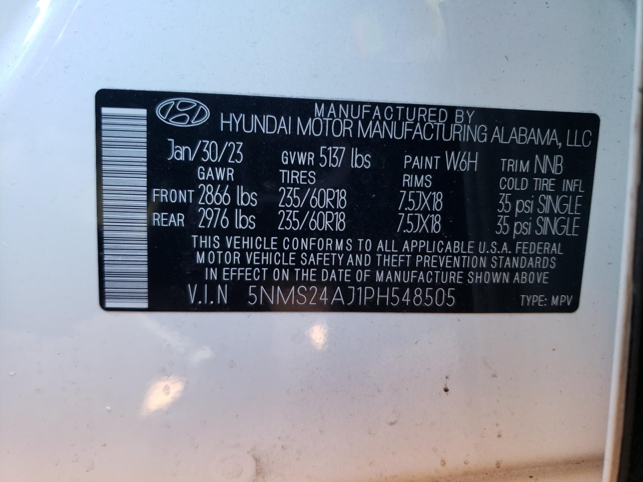 2023 HYUNDAI SANTA FE SEL VIN:5NMS24AJ1PH548505