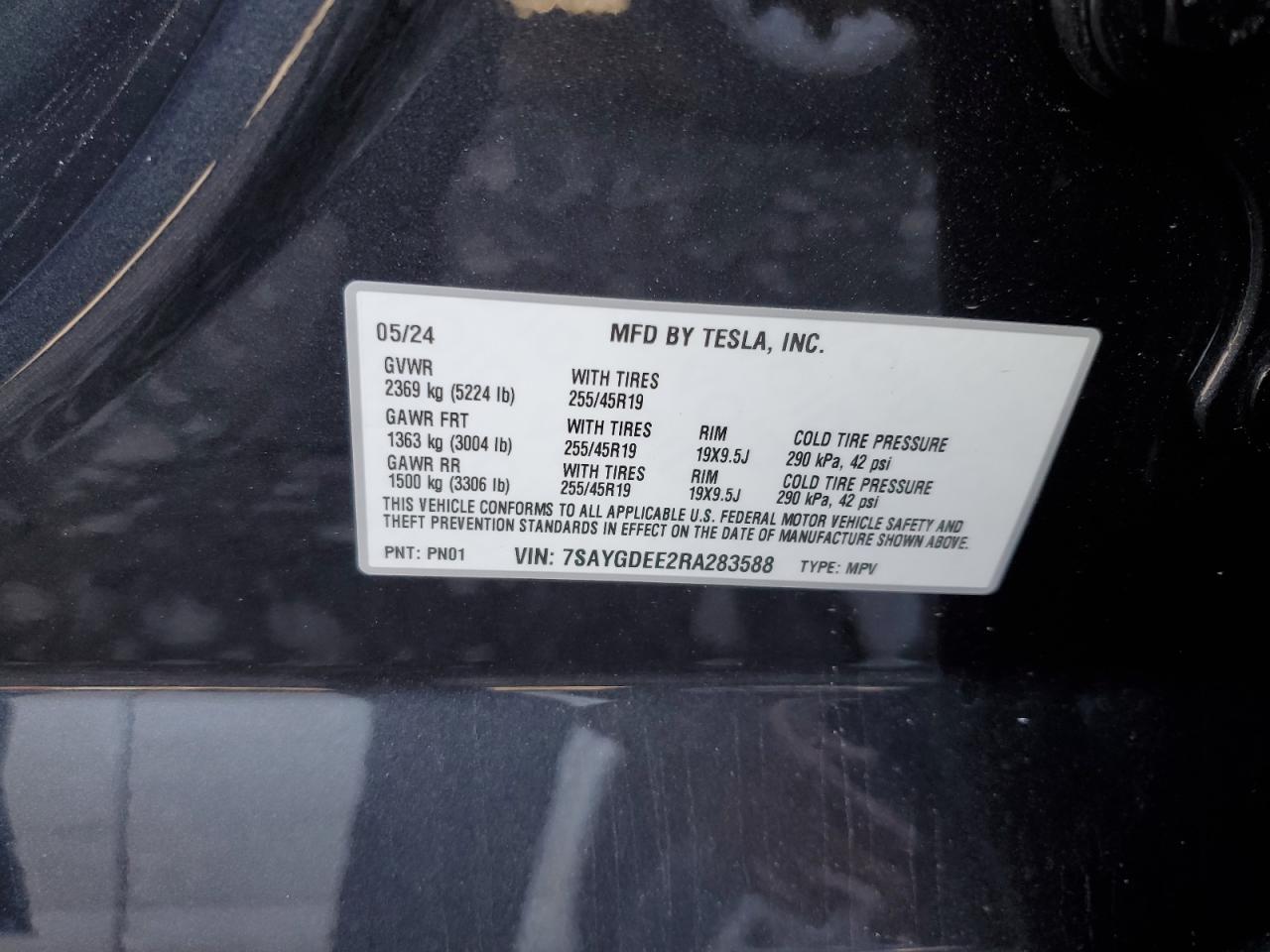2024 TESLA MODEL Y VIN:7SAYGDEE2RA283588
