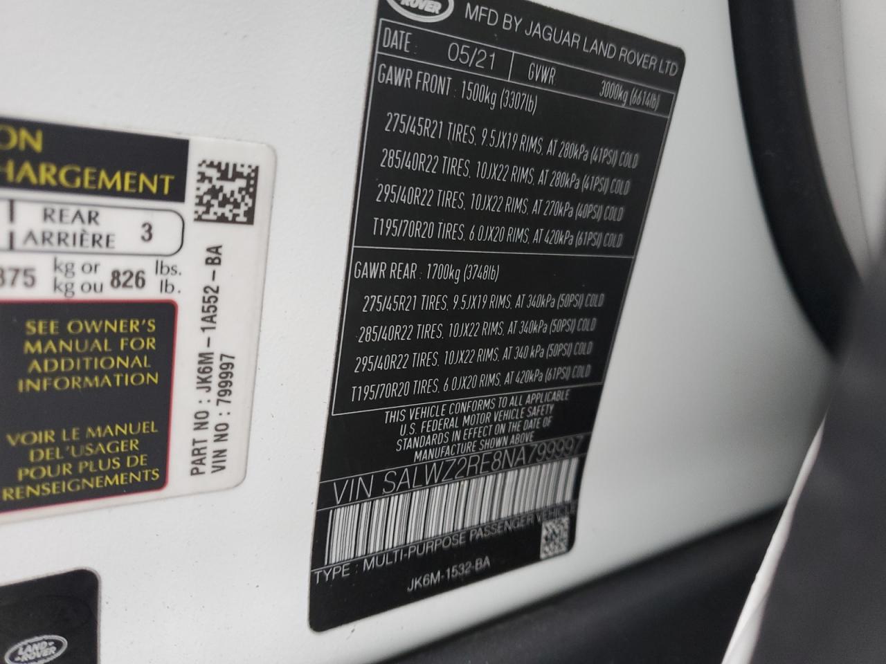 2022 LAND ROVER RANGE ROVER SPORT SVR VIN:SALWZ2RE8NA799997