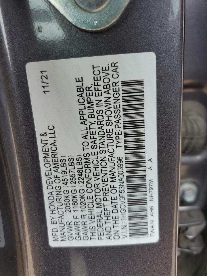 2022 HONDA ACCORD HYBRID EXL VIN:1HGCV3F53NA003996