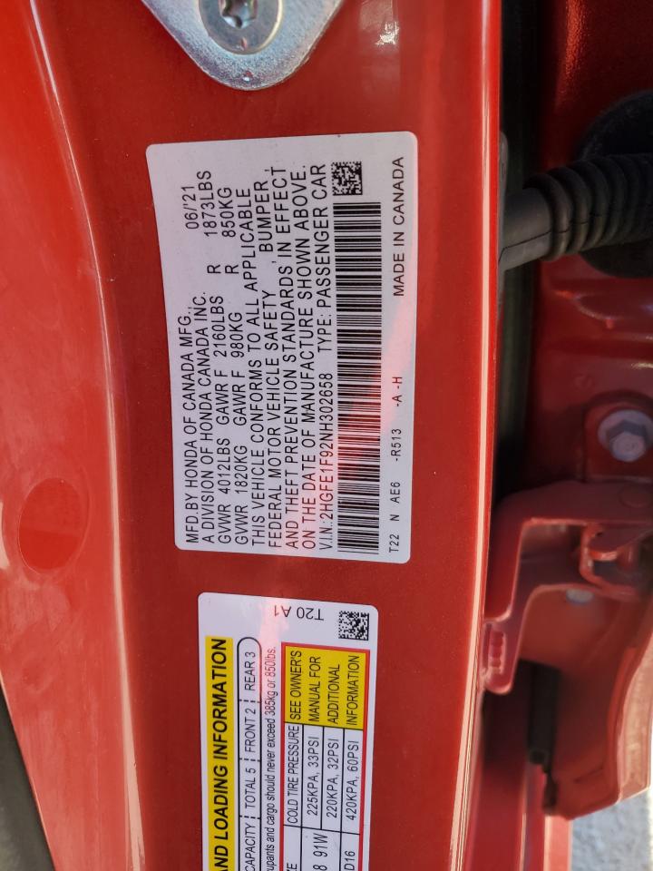 2022 HONDA CIVIC TOURING VIN:2HGFE1F92NH302658