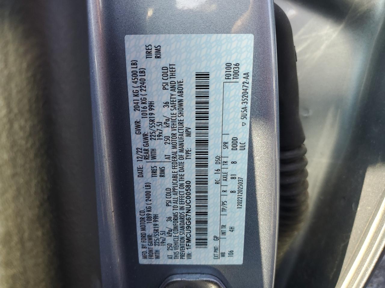 2022 FORD ESCAPE SE VIN:1FMCU9G67NUC00580