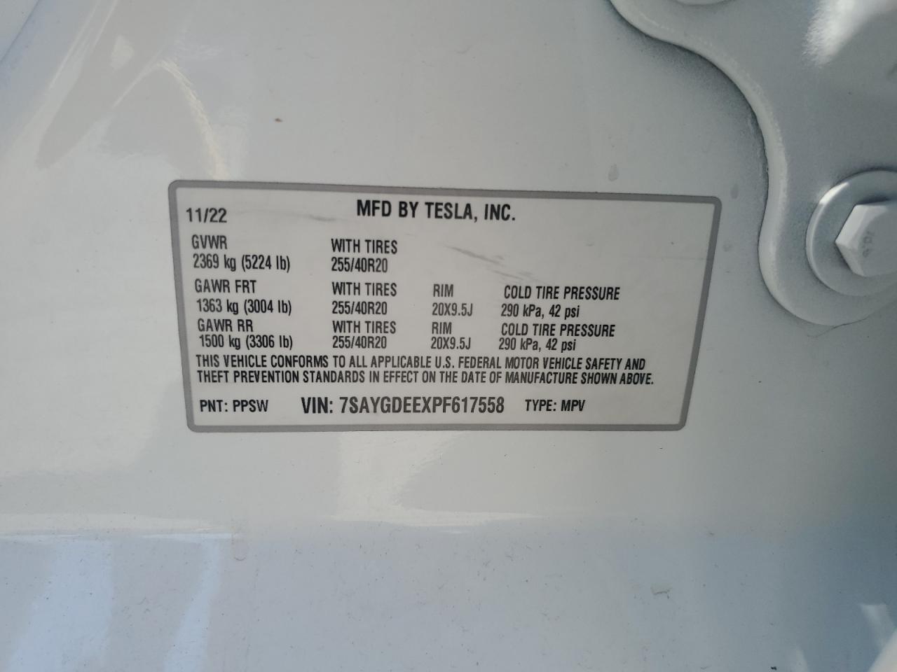 2023 TESLA MODEL Y VIN:7SAYGDEEXPF617558