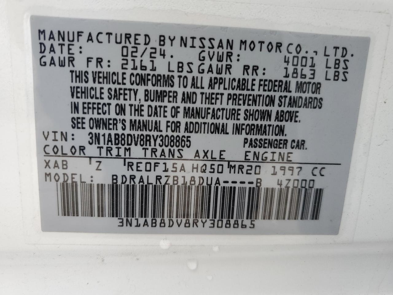 2024 NISSAN SENTRA SR VIN:3N1AB8DV8RY308865