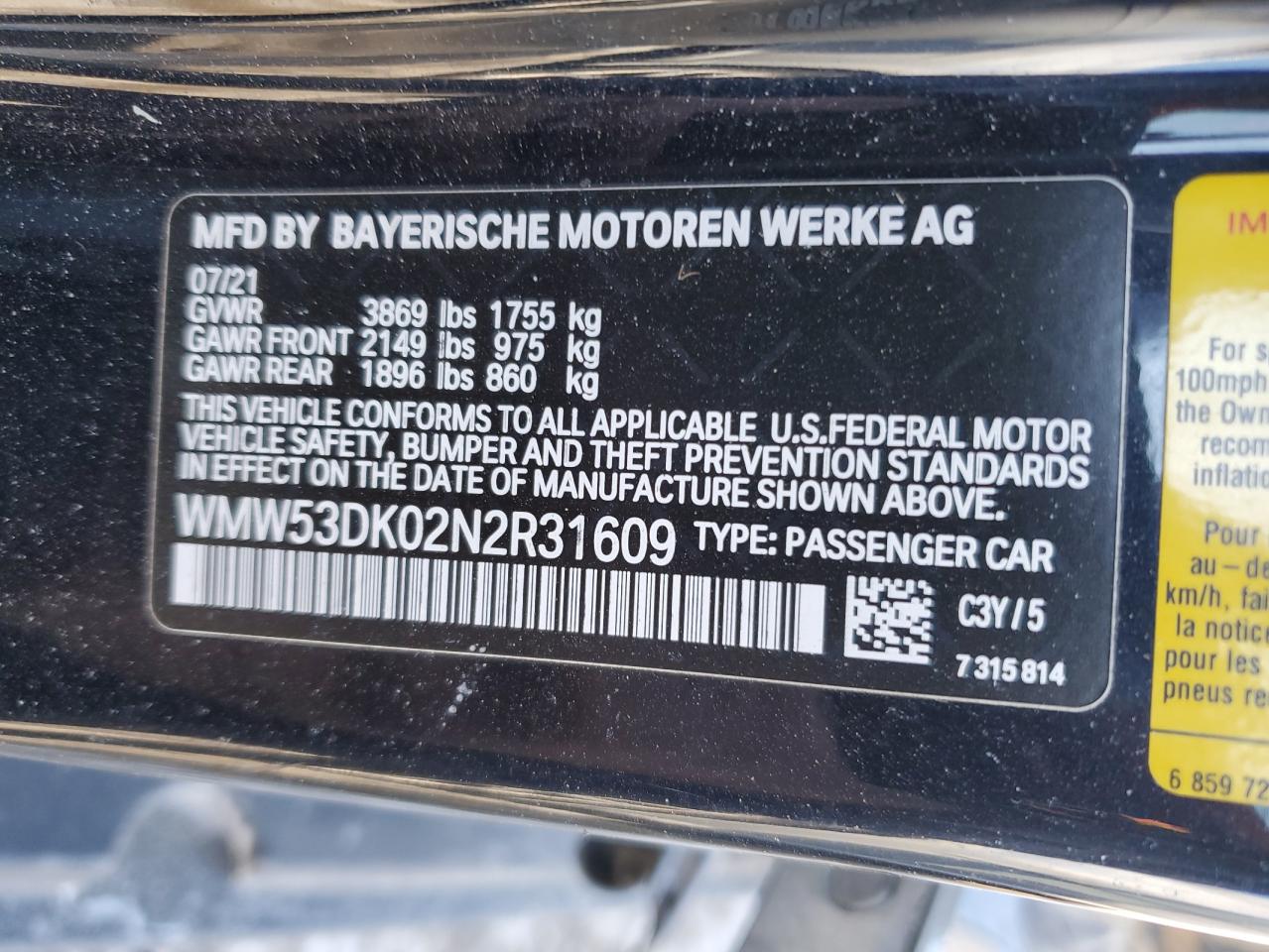 2022 MINI COOPER S VIN:WMW53DK02N2R31609