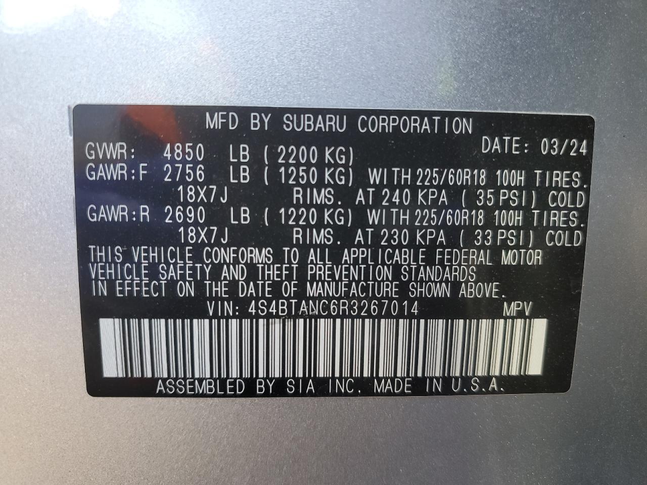 2024 SUBARU OUTBACK LIMITED VIN:4S4BTANC6R3267014