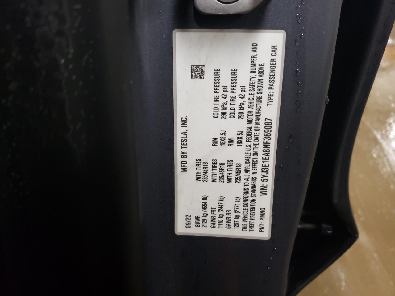 2022 TESLA MODEL 3 VIN:5YJ3E1EA8NF369087