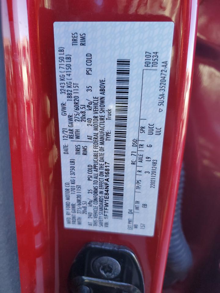 2022 FORD F150 SUPERCREW VIN:1FTFW1E84NFA16817