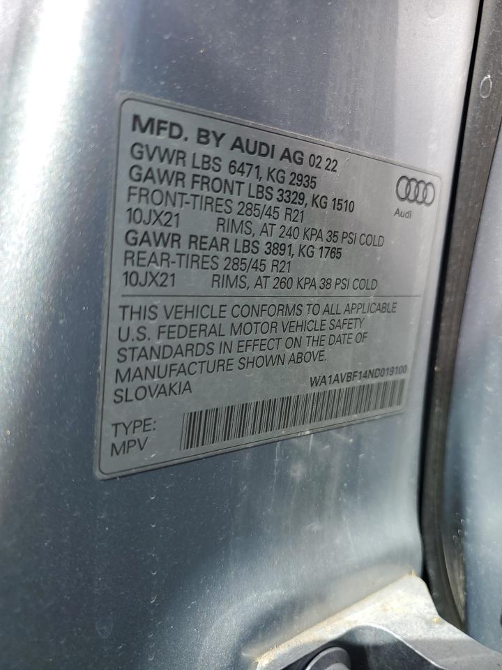 2022 AUDI Q8 PREMIUM VIN:WA1AVBF14ND019100