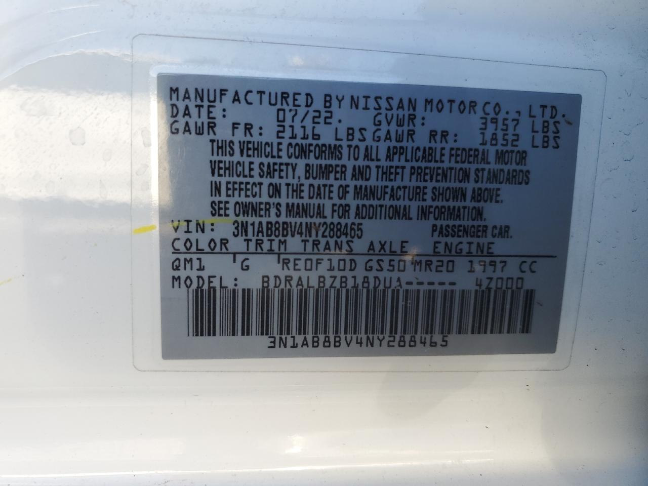 2022 NISSAN SENTRA S VIN:3N1AB8BV4NY288465