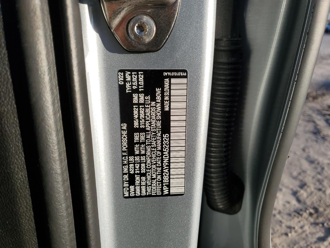 2022 PORSCHE CAYENNE S COUPE VIN:WP1BB2AY9NDA52325