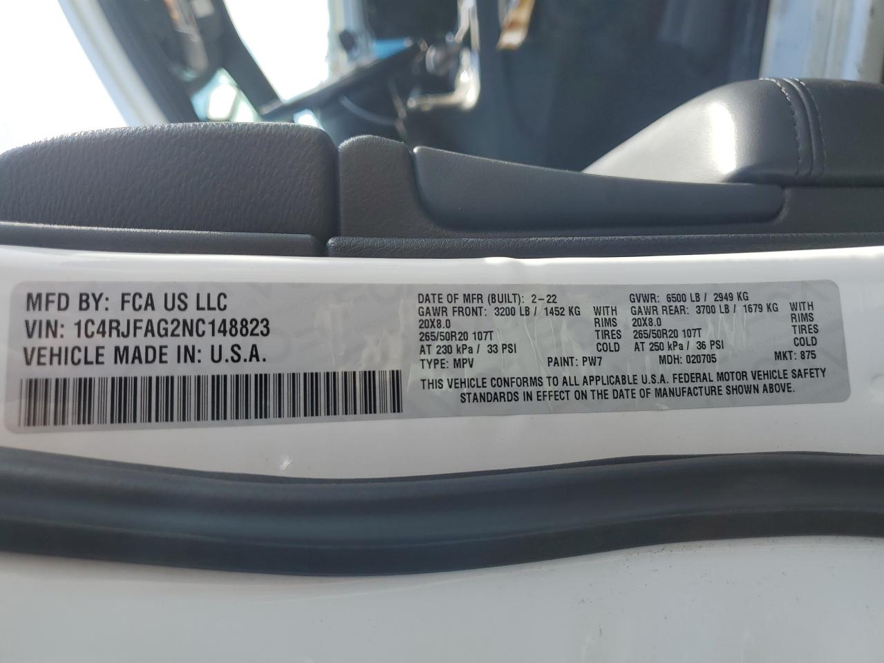 2022 JEEP GRAND CHEROKEE LAREDO E VIN:1C4RJFAG2NC148823