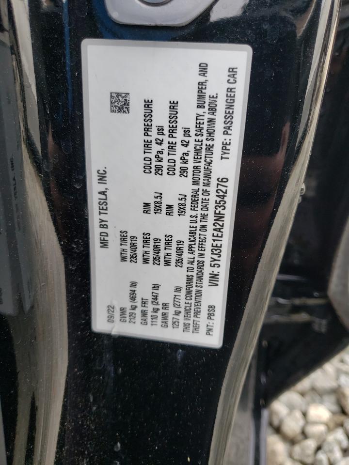 2022 TESLA MODEL 3 VIN:5YJ3E1EA2NF354276
